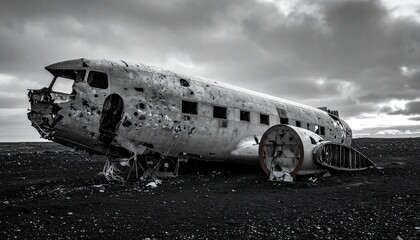Abandoned Airplane Wreckage on Barren Landscape Under Dramatic Cloudy Sky.