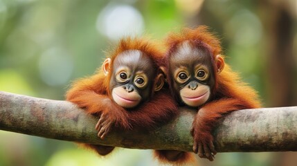 Adorable orangutan babies on a branch in a lush jungle