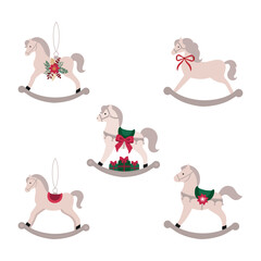 Christmas rocking horse. New year rocking horse with gifts. Merry Christmas. New Year. Xmas. Flat vector cartoon illustration. Wooden toy pony for design holiday decor, new year, greeting card. Horse 