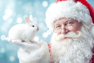Close-up of Santa Claus holding a small white rabbit in his hand, with a squinting eye behind glasses, with space for text. Concept of giving a pet as a New Year's or Christmas gift.