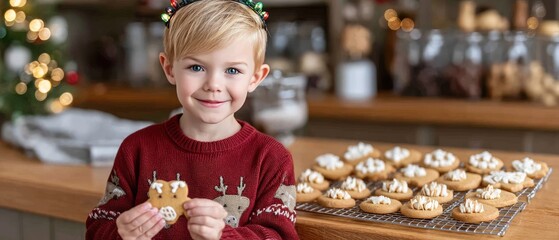 Boy in a deer costume bakes cookies at a kitchen table, holding a holiday treat in a cozy setting with Christmas decorations