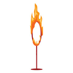 Burning ring of fire on pedestal, hot flame circle obstacle, risky stunt prop for circus show training safety concept