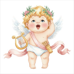 Cute Cupid Angel Singing Watercolor Vector Illustration on White Background
