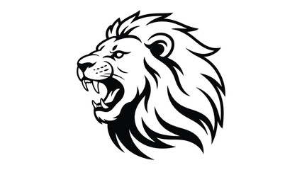  powerful lion head illustration in bold black style, roaring lion symbol representing strength, courage, leadership, dominance and wild animal mascot design for branding