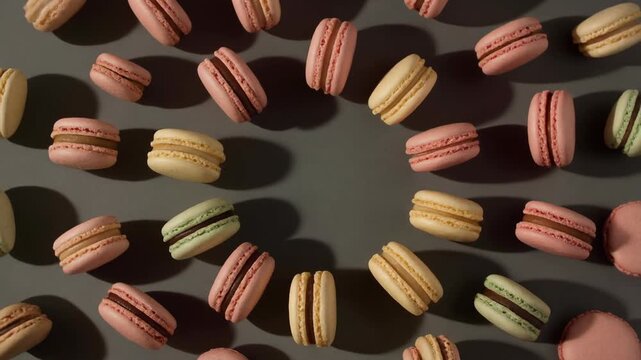 A delightful assortment of colorful French macarons arranged in a circular pattern on a dark gray surface.