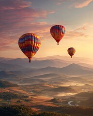 Obraz premium Colorful hot air balloons floating over a misty valley at sunrise, creating a peaceful travel scene filled with freedom and adventure.