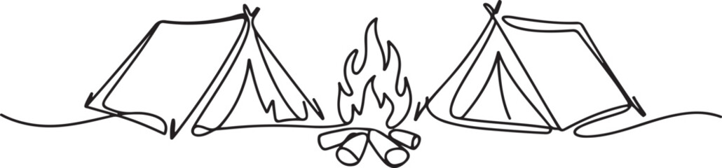 Single one line drawing two tent with bonfire.one line  vector illustration  with out background