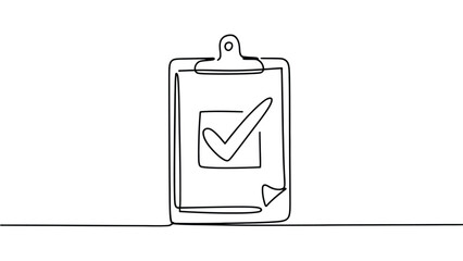  minimal continuous line art illustration of a clipboard with check mark, one line drawing symbolizing task completion, checklist, approval, productivity and business management