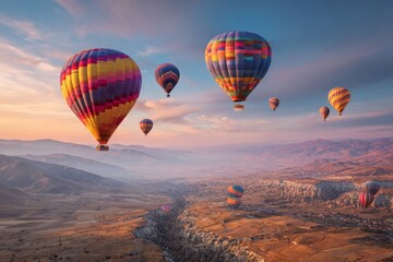 Fototapeta premium Colorful hot air balloons floating over a misty valley at sunrise, creating a peaceful travel scene filled with freedom and adventure.