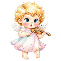 Cute Cupid Angel Playing Violin Watercolor Vector Illustration on White Background
