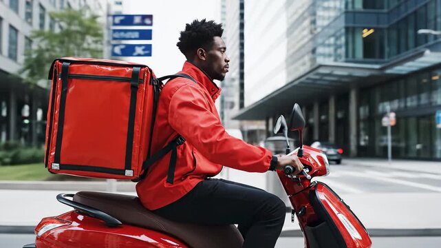 Afro american food delivery courier in red uniform and with backpack driving motor scooter in city street. side view