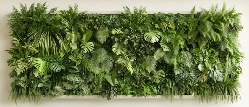 Lush vertical garden wall with various green plants and ferns creating a natural living wall display. - Powered by Adobe