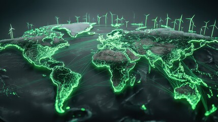 A world map with green lights and wind turbines