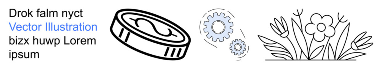Financial growth, sustainability, industrial mechanisms, nature balance, innovation, conceptual design. A coin with an infinity symbol, gears and flower illustrations. Financial growth