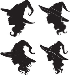Silhouette of beautiful witch girls in hat