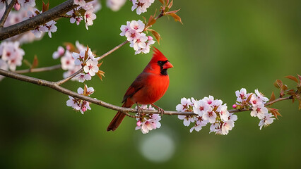 Vibrant Red Male Northern Cardinal Bird on Flowering Branch with Pink Blossoms. Spring wildlife scene showcasing nature's beauty with a lush green background.