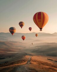 Fototapeta premium Colorful hot air balloons floating over a misty valley at sunrise, creating a peaceful travel scene filled with freedom and adventure.