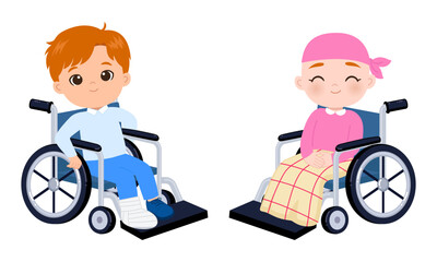 Boy and girl hospital patient in wheelchair