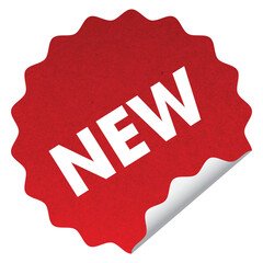 Red new arrivals round sticker label with white peel on transparent, png