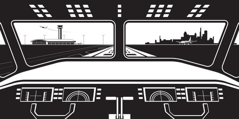 View to airport terminal from the cockpit of the plane landing &ndash; vector illustration