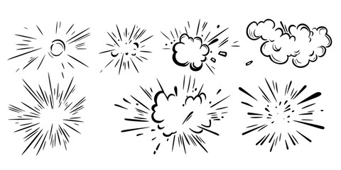 Fototapeta premium Comic explosion bursts and motion speed lines set with hand drawn doodle style smoke clouds and dynamic burst effects for graphic design elements vector