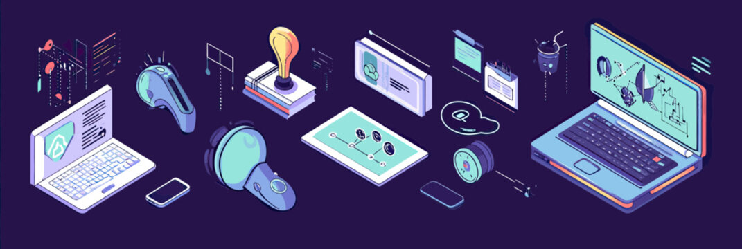 Isometric futuristic workspace with smart devices virtual assistant interface holograms and laptop computer technology concept illustration