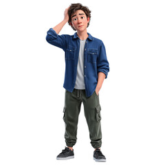 Fototapeta premium 3 D animated young man in blue shirt green cargo pants scratching head male person
