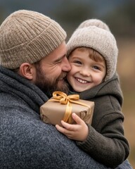 Loving Father Hugging Daughter Holding Wrapped Gift Outdoors.
