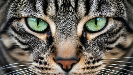 Macro Close-up of Tabby Cat's Face with Piercing Green Eyes, Detailed Fur, and Whiskers