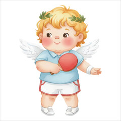 Cute Cupid Angel Playing Table Tennis Watercolor Vector Illustration on White Background

