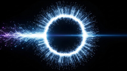 a blue and white circle with sparks in the middle