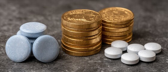 Gold coins and pills arranged on dark surface, demonstrating business-to-business concept with empty space for text application