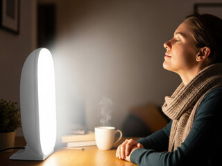 Woman enjoying bright light therapy lamp for mood and wellness