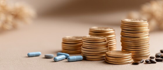 Stacks of gold coins and blue-white pills on a neutral background with space for text in a business to business setting