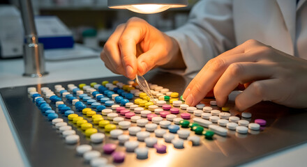Fototapeta premium Scientist Analyzing Colorful Pharmaceutical Pills and Tablets in a Laboratory Setting Under Bright Light