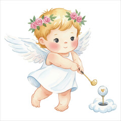 Cute Cupid Angel Playing Golf Watercolor Vector Illustration on White Background
