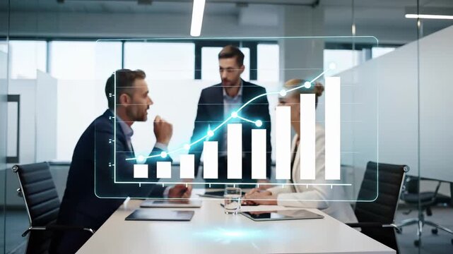 Business professionals in conference room meeting with virtual analytics dashboard overlay. Bar chart with upward trend line represents financial growth, performance metrics, and strategic planning
