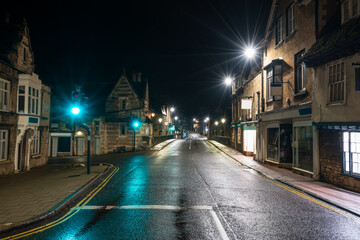 Empty St Mary's Hill road at night in Stamford. England