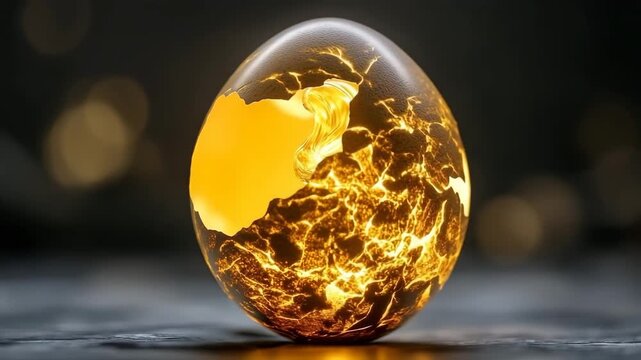 Cracked egg emits soft golden light in a mystical setting