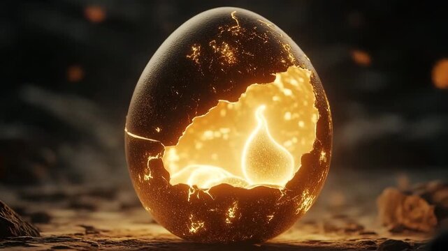Cracked egg emits soft golden light in a mystical setting