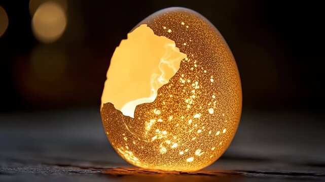 Cracked egg emits soft golden light in a mystical setting