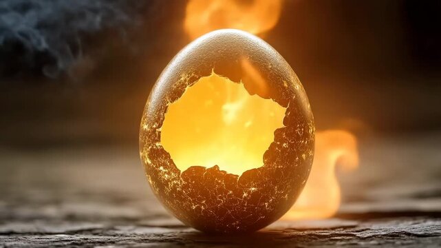 Cracked egg emits soft golden light in a mystical setting