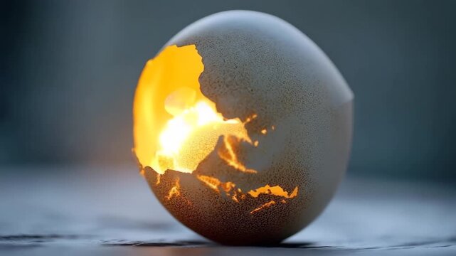 Cracked egg emits soft golden light in a mystical setting
