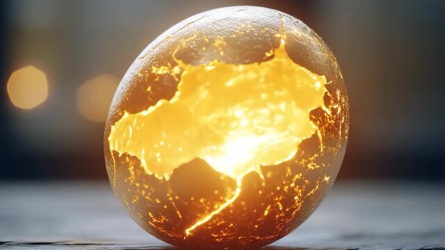 Cracked egg emits soft golden light in a mystical setting