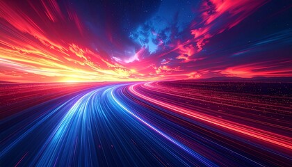 Abstract digital art of a vibrant, colorful, and dynamic light trail across the sky.