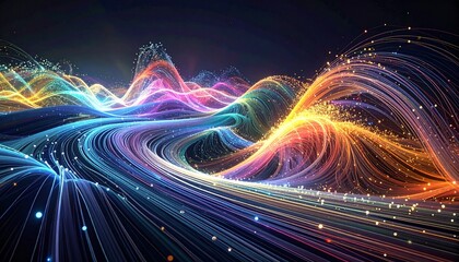 Abstract digital art of colorful flowing lines and waves, representing data streams and energy.