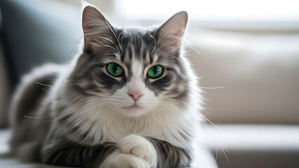 Fluffy tabby and white cat with striking green eyes, looking directly at the camera, a charming domestic pet.