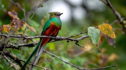 Obraz premium A striking bird with radiant feathers showcases vibrant green and red hues. It rests elegantly on a branch, surrounded by colorful leaves, bringing a splash of life to the tranquil forest atmosphere