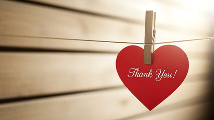 Red Heart Thank You Card held by Clothespin on String. Warm wooden background with soft light, symbolizing gratitude, appreciation, and love. Copy space.