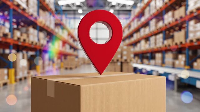 Location pin marker above cardboard box in warehouse facility with storage shelves. Logistics tracking concept represents package delivery, shipping navigation, supply chain management, and freight
